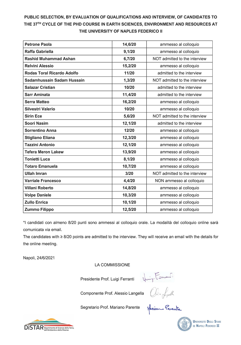 ALLEGATO 2.1 Risultati Valutazione Titoli Posti ordinari rev27giugno Pagina 2